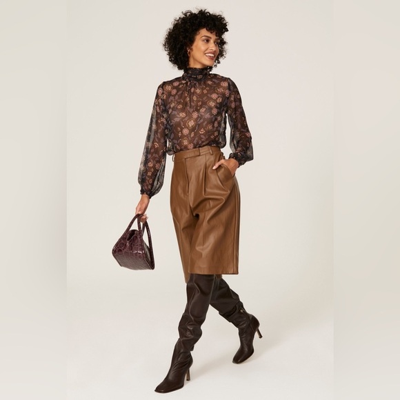 MISA Los Angeles Lulu Floral Top XS blouse long sleeve sheer tie bow black mock - Picture 2 of 16